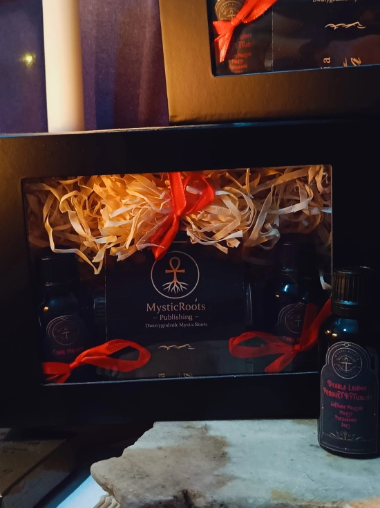 Rytualny zestaw MysticRoots z olejami magicznymi Cane Melade i Diabla Lanma w luksusowym czarnym pudełku prezentowym z oknem