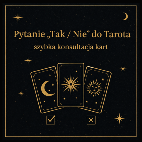 Grafika przedstawiająca usługę „Pytanie Tak / Nie do Tarota – szybka konsultacja kart”. Wróżba Tarot online polegająca na zadaniu jednego pytania do kart Tarota i otrzymaniu odpowiedzi wraz z krótką interpretacją. MysticRoots.