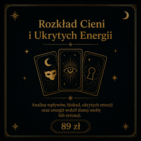 Rozkład Cieni i Ukrytych Energii — mistyczna analiza wpływów, blokad, ukrytych emocji oraz energii wokół danej osoby lub sytuacji. Indywidualny rozkład kart Tarota w klimacie ezoterycznym MysticRoots.