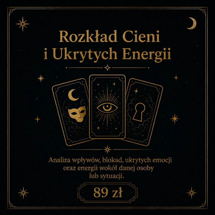 Rozkład Cieni i Ukrytych Energii — mistyczna analiza wpływów, blokad, ukrytych emocji oraz energii wokół danej osoby lub sytuacji. Indywidualny rozkład kart Tarota w klimacie ezoterycznym MysticRoots.