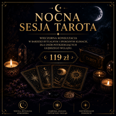 Nocna Sesja Tarota — wieczorna konsultacja kart Tarota w rytualnym i spokojnym klimacie. Głęboka analiza relacji, emocji, energii oraz intuicyjny wgląd w sytuację życiową. Mistyczna konsultacja premium MysticRoots.