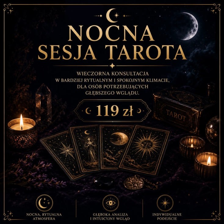 Nocna Sesja Tarota — wieczorna konsultacja kart Tarota w rytualnym i spokojnym klimacie. Głęboka analiza relacji, emocji, energii oraz intuicyjny wgląd w sytuację życiową. Mistyczna konsultacja premium MysticRoots.